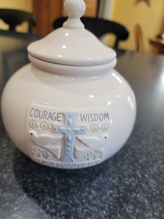 Other - White Ceramic Jar with Cross and Doves - Courage Wisdom